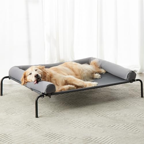 RRPETHOME Large Elevated Cooling Dog Bed, Raised Dog Cot Beds for Large Dogs, Elevated Outdoor Pet Bed, Chew Proof Portable Cooling Pet Cot with Skid-Resistant Feet and Breathable Mesh - color: Grey, size: 48.0"L x 35.0"W x 8.0"Th
