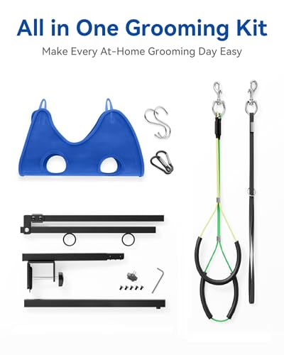 Adjustable Foldable Dog Grooming Arm with Clamp, 26–40 in Height, Safety Hammock & No-Sit Holders, Grooming Restraint for Small & Medium Dogs