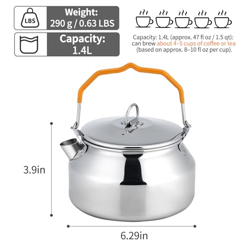 Camping Kettle, Portable Stainless Steel 1.4L Food Grade Water Kettle, Large Opening with Heat-Resistant Handle, Suitable for Gas, Induction Cooktop, Open Flame, Electric Stove, Silver