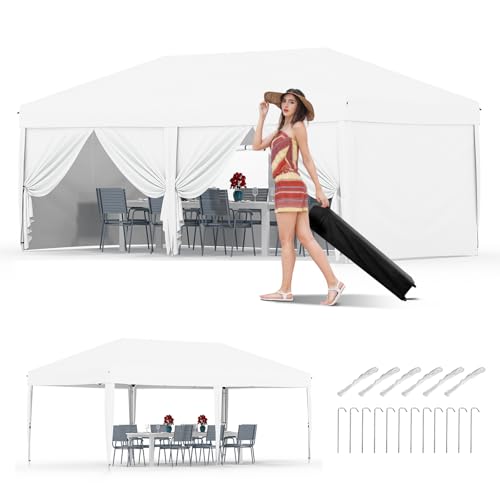 GarveeLife 10x20 Pop Up Canopy with 6 Sidewalls, Beach Ten with One Push Setup, Heavy Duty Outdoor Instant Canopy Tent with Portable Roller Bag, Silver Coated Top, 3 Adjustable Height, Sandbags,White - color: White, size: 6 Sidewalls