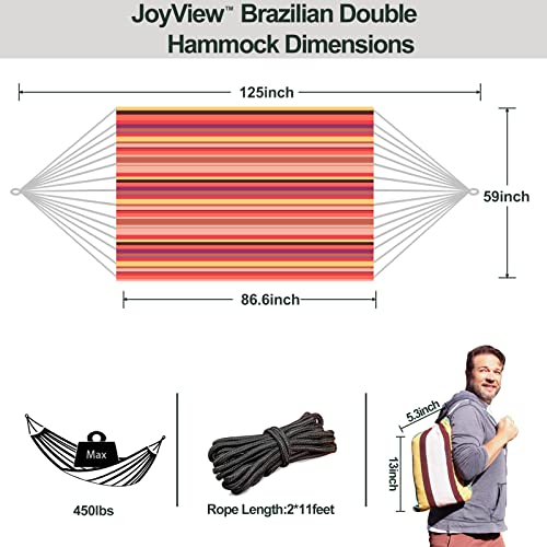 JoyView Brazilian Double Hammock with Hanging Ropes Extra Large 86.6x59” Portable Cotton Hammock for Patio Backyard Porch 450LBS Weight Capacity Perfect for Outdoor/Indoor - Red Stripes - color: Red Stripes