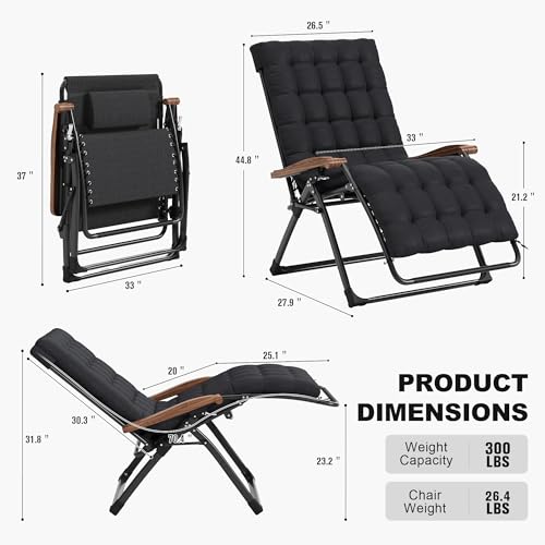 PURPLE LEAF Extra Wide Outdoor Reclining Chair Patio Zero Gravity Chaise Lounge Folding Chair with Removable Cushion Adjustable Headrest for Lawn Camping Beach Pool Black - color: Black - 1 Chair, size: Extra Wide – Thick Cushion