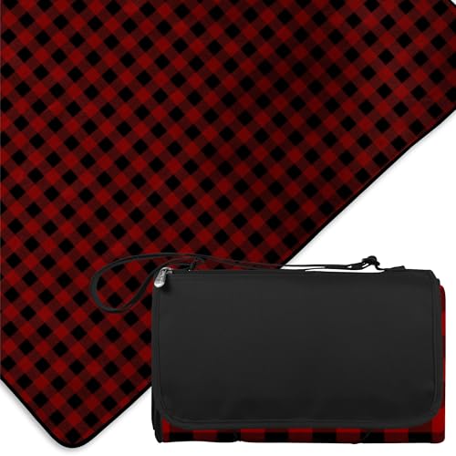 PICNIC TIME Outdoor Picnic Blanket Tote, 59"x51" Foldable Beach & Camping Blanket with Soft Fleece, Water-Resistant Bottom, Adjustable Strap & Zippered Pocket (Red & Black Buffalo Plaid) - color: Red/Black Buffalo Plaid