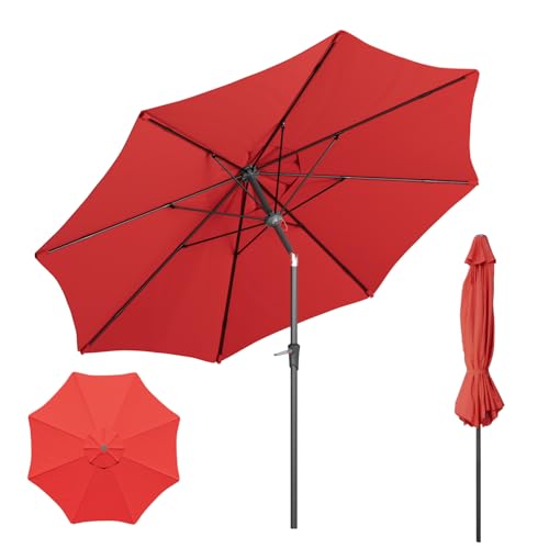 Outdoor Patio Umbrella with One Push Button Tilt and Crank, 8 Sturdy Ribs Market Table Umbrella - color: Red-Fiberglass Ribs, size: 9FT