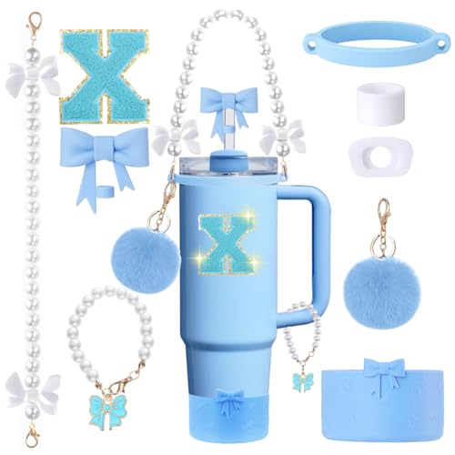 9pcs Stanley Cup Accessories Set- for 30oz 40oz Tumblers with Handle - Bule Kit Includes Bow Straw Topper and Boot, Charm, Pearl Handle Strap & Stickers - Aesthetic Girl Gifts (X) - color: X