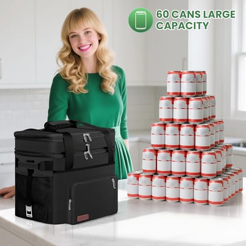 MIYCOO Cooler Bag Double Deck - 60 Can Leakproof Insulated Portable Soft Lunch Cooler, Extra Large Expandable Ice Chest Cooler for Beach, Picnic, Camping, Shopping - color: Black, size: 31l With Wheels