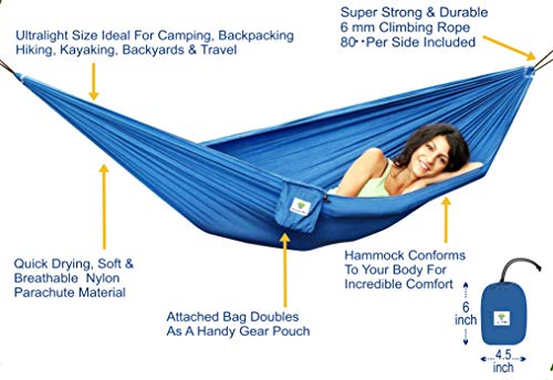 Hammock Bliss Ultralight - Lightweight Compact Portable Camping Adventure Hammock - Quality You Can Trust - 80" / 200 cm Rope Per Side Included - Only 13 oz / 380 Grams (Blue) - color: Blue