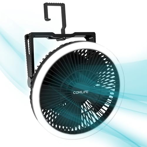 Portable Camping Fan with LED Lantern, 24HRS Running 8inch Rechargeable Tent Fan, Powerful 3-Speed 180° Rotate with Hook, Quiet for Outdoor RV Travel Fishing Hurricane Emergency Power Outage - size: 8 inch