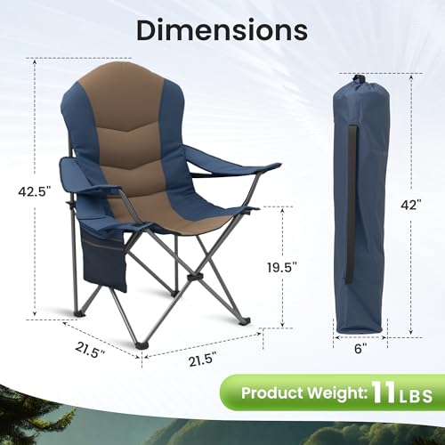 2 Pack Folding Camping Chairs for Adults - High Back Padded Outdoor Lawn Chairs with Lumbar Support & Cup Holder, 400lbs Heavy Duty Portable Camping Chairs Set (Blue & Brown, 2 PCS) - color: Blue & Brown-2 Pack, size: 2 PCS