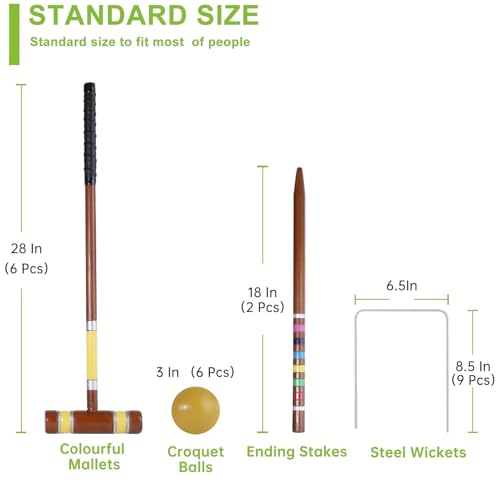 Six Player Croquet Set, 28’’ Croquet Set with Wooden Mallets/Colored Ball/Wickets/Stakes for Adults/Teenager/Family-Perfect for Lawn/Backyard Game/Park (Mahogany Color) - color: Classic Mahogany-with Grip Tape