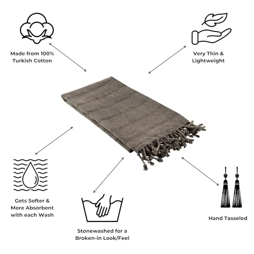 InfuseZen Stonewashed Turkish Bath & Beach Towel –100% Organic Turkish Cotton - Soft, Lightweight, Absorbent - Quick Dry, Sand Free - Swim, Pool, Shower, Travel - Peshtemal, Hammam Spa Towel - Black - color: Black