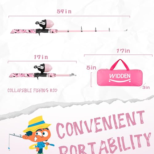 WIDDEN Kids Fishing Pole, Portable Telescopic Kids Fishing Poles for Boys and Girls, Fishing Rod and Reel Combo Kit with Tackle Box, and Fishing Net, Best Fishing Pole for Toddler Youth - color: Blue+Light Pink