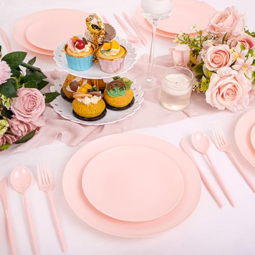 EI 150pcs Pink Plastic Plates Pink Disposable Heavy Duty Plastic Plates for Party Dinnerware Set Pink Plastic Silverware for Party Wedding Afternoon Tea,Spring,Mother's Day,Valentine's Day,Easter - color: Pink Frosted Plastic Plates