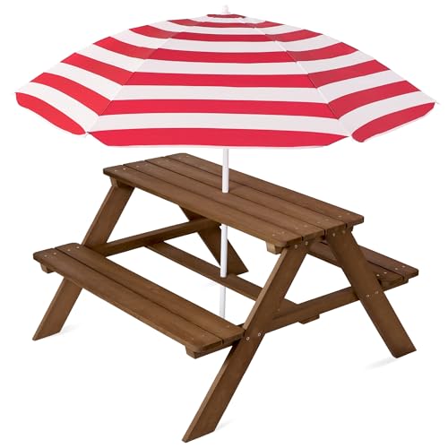 Best Choice Products Wooden Kids Picnic Table with Umbrella, Outdoor Activity Table Set with Built-in Benches, 220 lb Capacity per Bench - Walnut/Red - color: Walnut/Red
