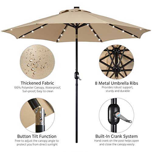 Yaheetech 9FT Solar Powered Patio Umbrella - UV Protection Market Table Umbrella w/ 32 LED Lights & Push Button Tilt & Crank Lift System for Garden/Lawn/Deck/Backyard/Pool,Tan - color: Tan, size: 9ft