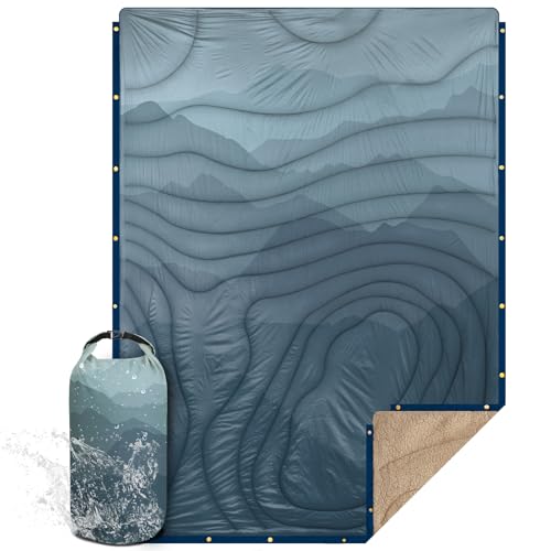 Outdoor Camping Blanket with Sherpa Lining, Extra Warm Thick Camp Blankets and Puffy Ultralight Soft Poncho DWR Camping Quilt for Cold Weather, Adventure, Sleeping, Backpacking 78"x 56" - color: Blue Cloud Valley, size: 78 x 56 inches
