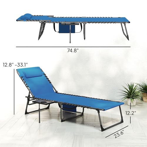Outsunny Folding Chaise Lounge Chair Outdoor Tanning Chair with Side Table, 5-Level Adjustable Beach Lounge Chair with Headrest, Side Pocket for Patio, Backyard, Beach, Poolside, Blue - color: Blue