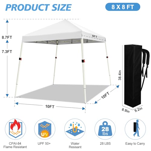 WEIZE 10x10 Slant Legs Pop Up Canopy Tent, 1-Button Push Setup Canopy Tent, Adjustable Height Instant Portable Shelter, Protable Backpack, Easy Outdoor Sun Shade for Events, 8x8 Top, White - color: White