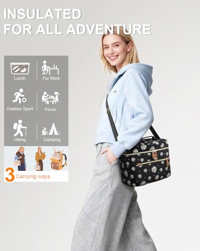 Capolo Lunch Box for Women Men Adults,Insulated Lunch Bag Leakproof Lunch Cooler Box with Removable Strap Cute Lunch Tote Bags Reusable Thermal Lunchbox for Work Picnic(Small,Black Flower) - color: Black Flower, size: Small