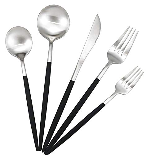 Black Handle Matte Silver Silverware Set - 5-Piece 18/10 Stainless Steel Satin Finish Flatware, Kitchen Utensils, Tableware Travel Cutlery for Camping Office Lunch - Dishwasher Safe - color: Black Handle Silver, size: Service for 1