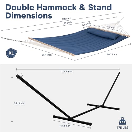 SUNCREAT 2 Person Free Standing Hammock with 15 ft Stand, 475 lbs Capacity, Backyard Hammock with Stand, Navy - color: Navy, size: 15 ft Stand