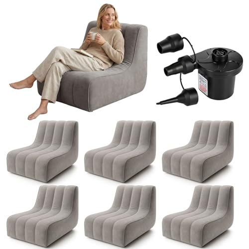 6 Pcs Inflatable Chairs for Adults, Blow up Couch with Electric Air Pump, Inflatable Chairs for Movie Night Flocking Portable Blow up Furniture Beanbag Sofa for Living Room Party (Dark Grey) - color: Dark Grey