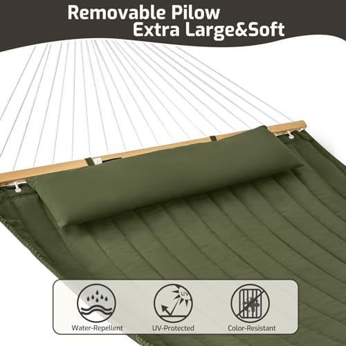 CHULIM Double Quilted Fabric Hammock with Hardwood Spreader Bars and Pillow 450 LBS Capacity 2 Person Large Hammock for Outdoor Patio Backyard Poolside - Green - color: Green