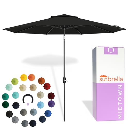 Midtown Umbrellas - The Lean 10 Ft Patio Umbrella with Fade-Resistant Sunbrella Fabric, Auto-Tilt Aluminum Frame and 8 Reinforced Ribs for Deck, Pool & Garden - Black Canopy, Black Pole - color: Sunbrella Black, size: 10 Feet