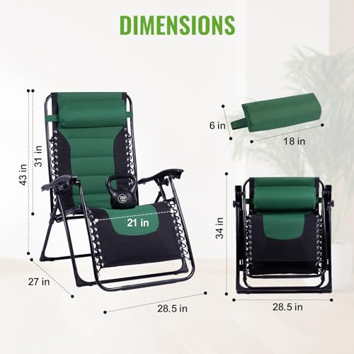 Backyard Expressions Deluxe XL Padded Recliner Zero Gravity Chair – Ergonomic Anti-Gravity Lounger with Folding Design, Side Tray, and Adjustable Headrest - color: Black/Forest Green