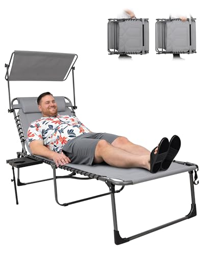 KingCamp Oversized Padded Chase Lounge Chairs, Extra-Wide Folding Tanning Chair Adjustable 5-Position 400lbs Heavy Duty Lounger with Double-Layer Oxford Canopy Shade for Outdoor Beach Patio Sun Pool - color: Canopy Oversize Grey-1 Pack