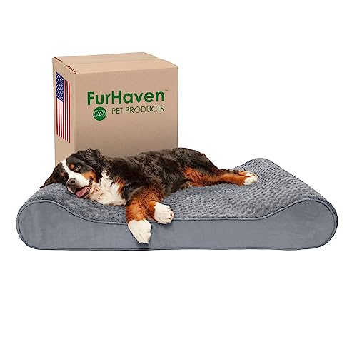 Furhaven Cooling Gel Dog Bed for Extra Large Dogs w/ Removable Washable Cover, For Dogs Up to 180 lbs - Ultra Plush Faux Fur & Suede Luxe Lounger Contour Mattress - Gray, Giant/XXXL - color: Ultra Plush (Gray), size: Giant