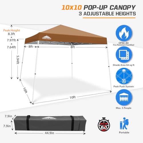 EAGLE PEAK 10x10 Slant Leg Pop-up Canopy Tent Easy One Person Setup Instant Outdoor Beach Canopy Folding Portable Sports Shelter 10x10 Base 8x8 Top (Khaki) - color: Khaki, size: 10x10