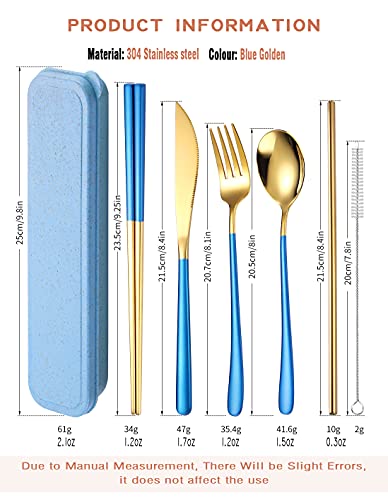AARAINBOW 6 Pieces 18/8 Stainless Steel Flatware Set Portable Reusable Cutlery Set Travel Utensils Set Including Chopsticks Knife Fork Spoon Straws Cleaning Brush Dishwasher Safe (Blue golden) - color: Blue golden