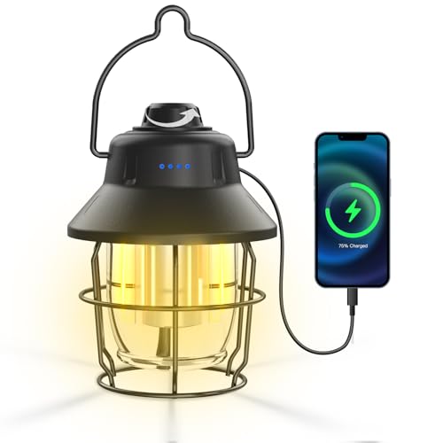 JINIU Rechargeable LED Camping Lantern, Mini Retro Portable Waterproof Lantern, 1000LM, 3 Light Modes (2700-6500K) Stepless Dimming Brightness, Hanging Tent Light for Camping, Power Outages - style: Black