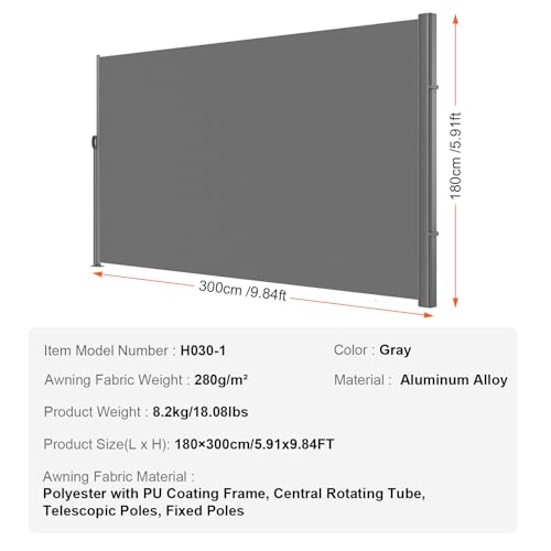 VEVOR Retractable Side Awning, UV 50 71''x118'' Full Aluminum Rust-Proof Outdoor Privacy Screen, 280 g Thicken Folding Room Divider Fence & Wind Screen for Backyard, Balcony, Roof Terraces, Grey - color: Gray, size: 71''*118''