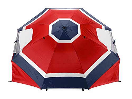 Sport-Brella Premiere UPF 50+ Umbrella Shelter with Patented Side Panels and Tilt Mechanism, Heavy-Duty 1.25 Inch Center Pole, Auger Anchor for Sand and Grass - color: Red / White / Blue Stripe, style: REG
