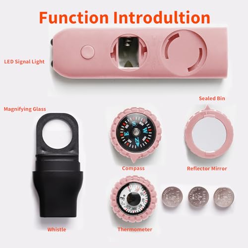 Multifunctional Survival Emergency Whistle for Kids with Compass Hiking Survival, Thermometer & Neck Lanyard | Emergency Safety Gear for Hiking, Camping, Kayaking, Boating, Climbing - color: pink2pcs