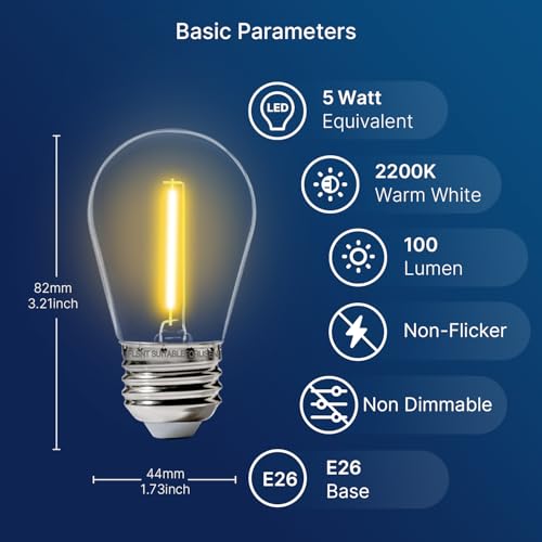 FLSNT 15 Pack Outdoor LED Replacement Bulbs for String Light, S14 LED Hanging Light Bulbs for Patio, Garden, E26 Base, 2200K Warm White, Non-Dimmable - color: Warm White