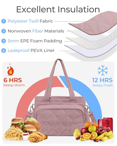 Large Lunch Tote Bag for Women with Multi-Pockets Puffy Light Durable Insulated Lunch Bag Women - color: Black
