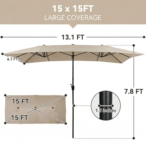 15×15ft Outdoor Patio Umbrella, Double Sided Market Rectangle Umbrella with Crank Handle, Large Sun Shade for Outside Deck, Backyard, Garden - color: Beige