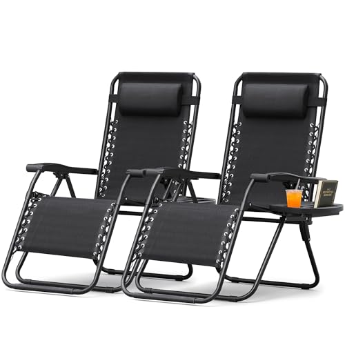Homall Zero Gravity Chair Patio Folding Lawn Lounge Chairs Outdoor Lounge Gravity Chair Camp Reclining Chair with Pillows for Poolside Backyard and Beach Set of 2 (Dark Black) - color: Black, size: 2 PCS
