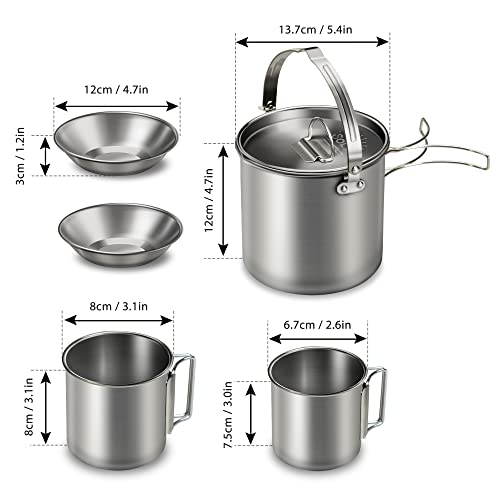 Lixada 5PCS Camping Cookware Set Stainless Steel 1.2L Camping Pot with 2 Cups & 2 Bowls, Lightweight Portable Backpacking Pot with Foldable Handles & Lid for Outdoor Cooking Hiking Picnic