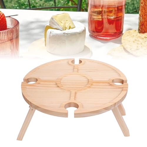 ZJchao Wine Picnic Table, Birch Wood Portable Folding Table,Couples,Friends,Families,Outdoors,Camping,Boating,Beach,Garden,Lawn,Home,Yard, Lightweight Tray with 4 Glass Holders,