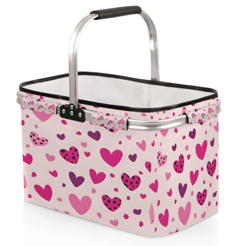 Leopard Love Heart Picnic Basket Large Collapsible Market Baskets Portable Reuasble Shopping Bags with Handles for Camping Beach Travel - color: Black