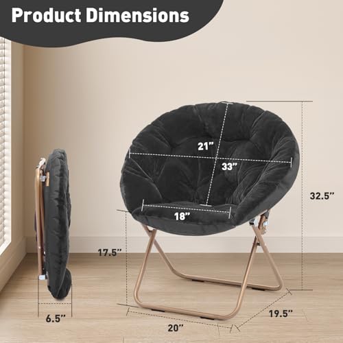 MoNiBloom Round Folding Faux Fur Saucer Chair for Bedroom Living Room Dorm Foldable Metal Frame Oversized Large Comfy Furry Padded Soft Lounge Lazy Cozy Moon Chair for Adults (Black, 2 Pieces) - color: Black