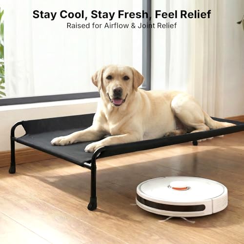 Veehoo Outdoor Dog Bed, Raised Dog Beds for Large Dogs, Elevated Dog Bed with Headrest, Washable Cooling Pet Cot with Non-Skid Feet, Breathable Mesh, Pet Hammock for Indoor or Camping, 47", Black - color: Black, size: 47.0"L x 29.0"W x 11.0"Th