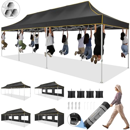 HOTEEL 10x30 Pop up Canopy Tent for Parties, Heavy Duty Easy Setup Tent with 5 Sidewalls, Outdoor Commercial Instant Gazebo for Wedding Event, with Roller Bag & Sand Bags, Black(Hexagonal Frame) - color: Black, size: 10x30FT (+5 Walls)