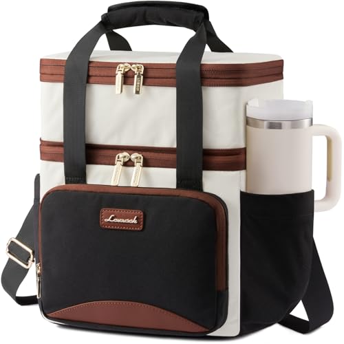 LOVEVOOK Insulated Lunch Bag For Women Men,Expandable Double Deck Lunch Box With Large Cup Holder,Leakproof Cooler Bag For Adult Lunch Tote Bag Work Picnic Beach with Adjustable Shoulder Strap Gift - color: Black with Off White with Brown, size: Large —15