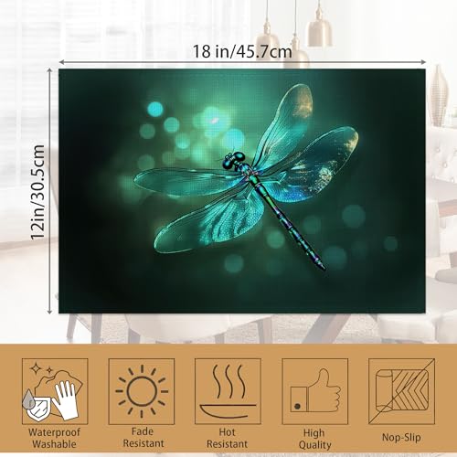 Placemats Set of 6,Green Dragonfly Table Mats,Glass Dragonfly Washable Linen Table Mats,Non-Slip Heat Resistant Placemats for Party Kitchen Dining Indoor Outdoor 12"x18" - color: Green Dragonfly,glass Dragonfly