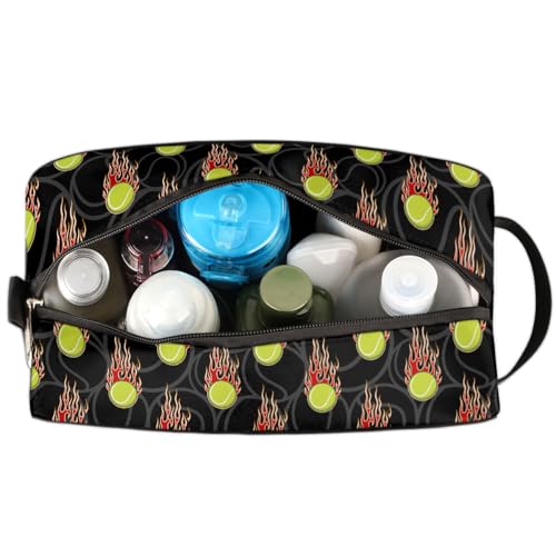 Kids Travel Toiletry Bag - Fire Tennis Ball Waterproof Hanging Cosmetic Hygiene Bags for Boys Men - Large Shave Kit for Toiletries Accessories Bathroom Stuff - color: Fire Tennis Ball
